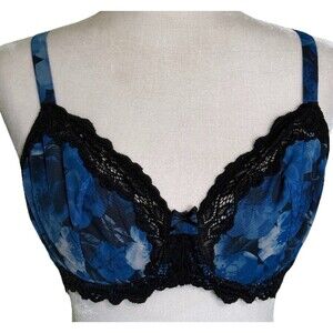 Whimsy Underwire Blue Floral Sheer Lace Colorful Unlined Bra Size 32D